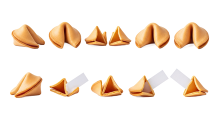 Collection of golden brown fortune cookies with messages inside isolated on a transparent background isolated on transparent background