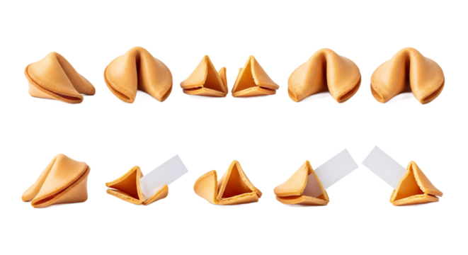 Collection of golden brown fortune cookies with messages inside isolated on a transparent background isolated on transparent background