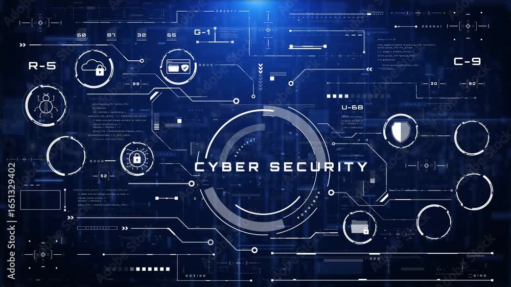 Aufkleber futuristic cybersecurity interface with digital icons of cloud protection, password security, malwar