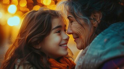 Elderly woman and young girl share a joyful moment.