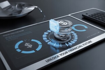 Futuristic digital interface displays cryptocurrency and financial growth metrics on a tablet