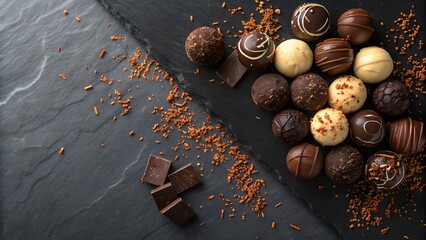 Gourmet Chocolate Truffles. Dark, Milk, and White Assortment on Slate Surface with Cocoa Nibs.
