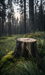 Fototapeta premium Old tree stump covered in moss in a misty forest at sunrise