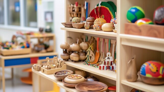A display of wooden toys and decorative items arranged on shelves in a bright and organized setting