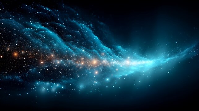 the image features a celestial expanse, reminiscent of a distant nebula or a cosmic cloud. a dense field of stars and glittering particles illuminates a dark backdrop - Powered by Adobe