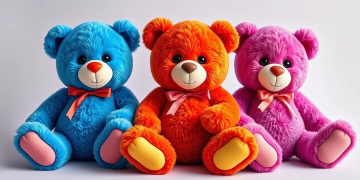 Three charming teddy bears in vibrant colors, whimsical poses, perfect for nursery decor, vector, design