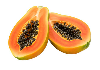 Fresh ripe papaya cut in half showcasing vibrant orange flesh and black seeds on a black background
