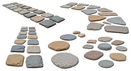 Collection of various natural stone paving slabs and cobbles arranged in different patterns on a transparent background isolated on transparent background