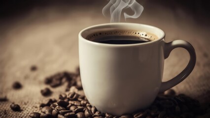 Fototapeta premium Aromatic Steam Rising from a White Mug of Black Coffee Resting on Roasted Beans
