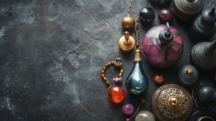 Vintage style oriental perfume bottles on dark textured background for luxury fragrance branding and antique decor photography