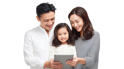 A joyful Asian family of three, sharing a moment while using a tablet together, showcasing love and connection.