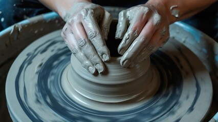 Fototapeta premium Artisan's Hands, Glistening with Clay, Shape a Vessel on a Spinning Wheel