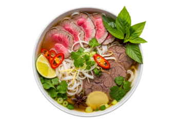 Fresh Vietnamese Pho Soup with Thinly Sliced Meat Vegetables and Herbs in a White Bowl on Black