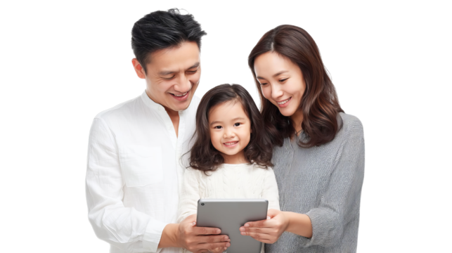A joyful Asian family of three, sharing a moment while using a tablet together, showcasing love and connection.