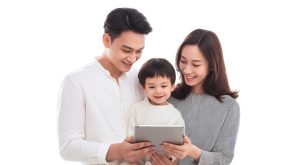 Happy Asian family enjoying quality time together while interacting with a tablet.