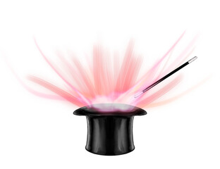 magic hat and magic wand A magical light came out of the hat hand drawn on transparent background.
