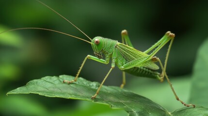Fototapeta premium Close-up of a vibrant green grasshopper on a leaf.