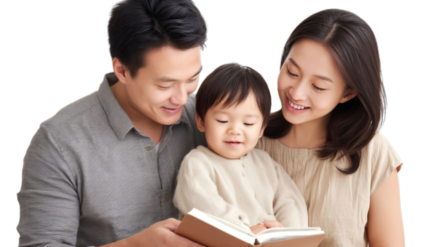 A joyful Asian family reading together, highlighting the bond between parents and their young child.