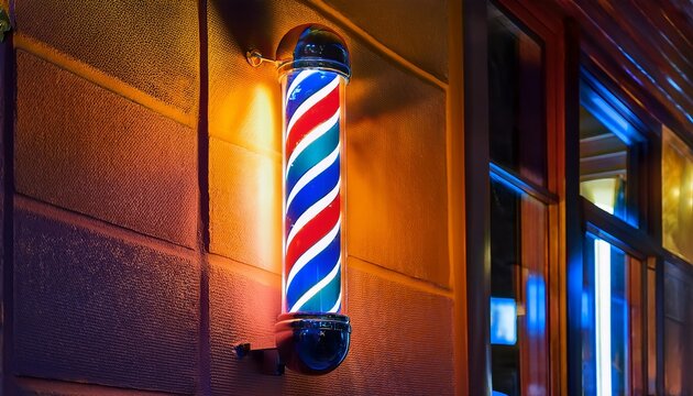 close up of a vibrant neon barbershop sign with classic barber pole design in a cozy atmosphere