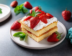 slices of sponge cake with whipped cream and fresh strawberries garnished with mint strawberry still life