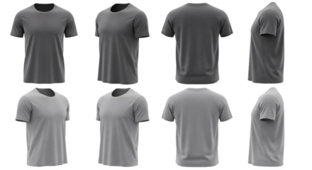 Collection of realistic 3d rendered grey t shirts displayed from multiple angles on a transparent background isolated on transparent background