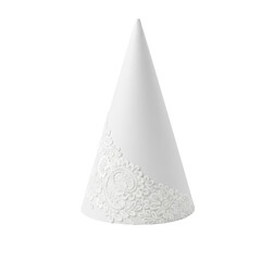 Fototapeta premium transparent conical party horn, intricately adorned with delicate ornate white lace patterns, isolated on a clean transparent background with soft studio lighting and sharp focus, wedding
