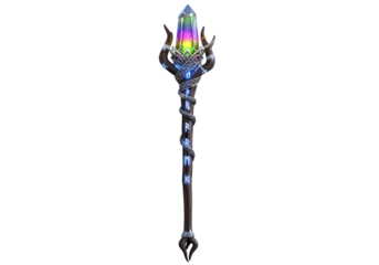 Futuristic magical staff with glowing rainbow crystal and intricate design perfect for fantasy