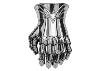 Futuristic metallic hand armor with intricate design elements on a black background
