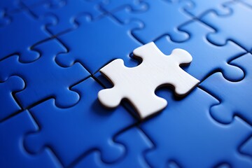 A single white puzzle piece stands out against a vibrant blue background of interconnected puzzle pieces symbolizing individuality and uniqueness