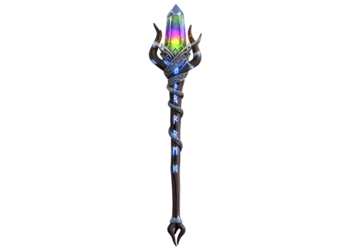 Futuristic magical staff with glowing rainbow crystal and intricate design perfect for fantasy