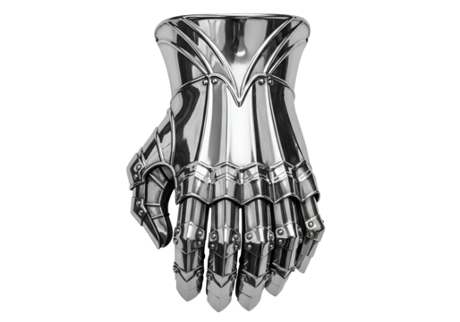 Futuristic metallic hand armor with intricate design elements on a black background