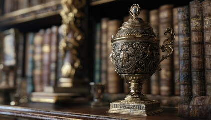 Ornate brass or bronze container on wooden shelf, surrounded by antique books and decorative items