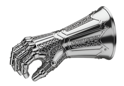 Futuristic robotic hand with intricate metallic design on a black background