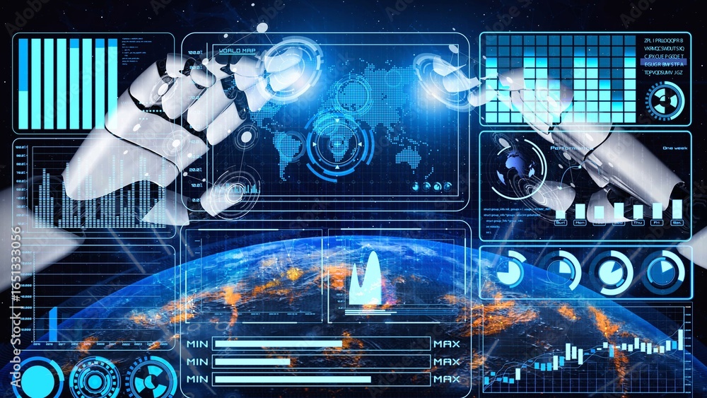 Poster AI artificial intelligence drives data analytics with predictive models, smart dashboards, and virtual assistant insights for data-driven business decisions.