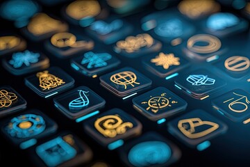 Abstract digital interface with glowing icons.  A close-up view of a futuristic display