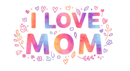 "Watercolor 'I Love Mom' Typography with Hearts and Flowers"