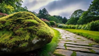 Obraz premium a verdant tapestry of moss clings to an ancient stone nestled upon a weathered garden path evoking the quiet resilience of nature s embrace