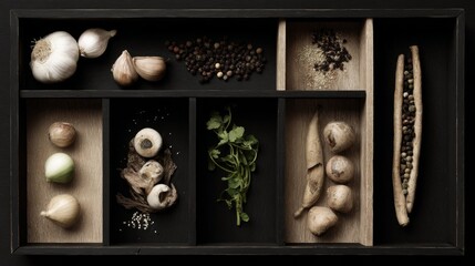 Dark wooden box with mushrooms, herbs and spices arranged in moody gourmet culinary setup