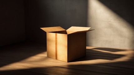 Open cardboard box with dramatic lighting in empty room symbolizing opportunity, delivery and mystery