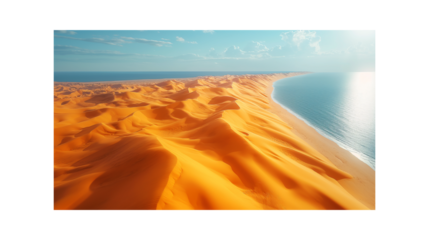 Golden desert dunes. Sand landscape meeting ocean coast. Perfect for travel themes and natural backgrounds.
