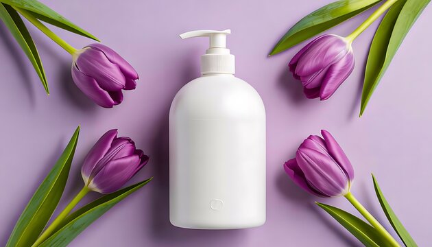 White cosmetic pump bottle with purple tulip flowers on pastel background for beauty and skincare concept
 - Powered by Adobe