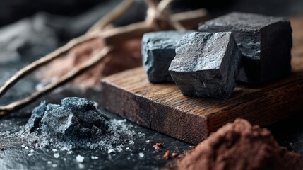 Fototapeta premium Charcoal blocks and raw materials placed on wooden surface representing traditional natural energy resources