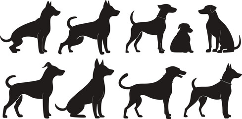 Black dog silhouettes various poses standing sitting vector
