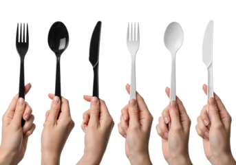 Multiple hands holding different types of cutlery including forks spoons and knives against a dark backdrop isolated on transparent background