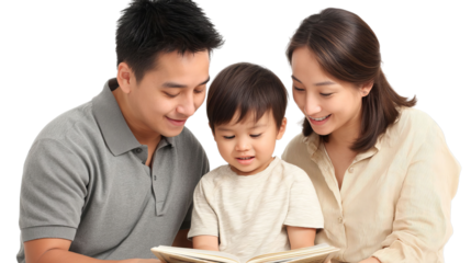 A happy Asian couple reading with their young son, creating a warm family moment filled with love and joy.