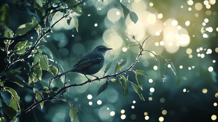 Obraz premium Bird perched on branch with dreamy bokeh light effect in magical forest nature photography scene