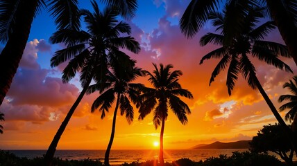 Fototapeta premium A breathtaking tropical sunrise or sunset over a serene beach, with silhouetted palm trees framing the vibrant hues of orange and purple in the sky