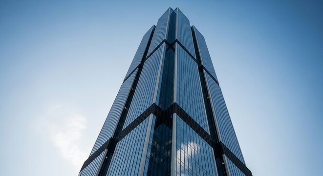 Ascending Symmetry: A Modern Glass Skyscraper Piercing the Clear Blue Sky.