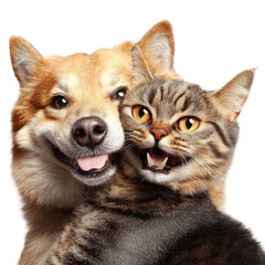 Obraz premium Portrait of Happy dog and cat that looking at the camera together, Portrait of a cheerful dog and cat, both facing the camera with bright, isolated on transparent background