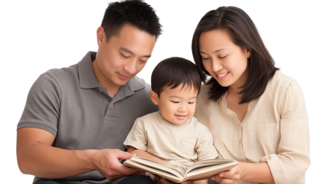 A happy Asian couple reading a book with their young son, creating a cozy family moment filled with joy and learning.
